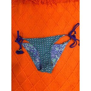 KikiRio Bikini Bottoms Women Medium Blue Reversible Good Tassel Side Tie Swim